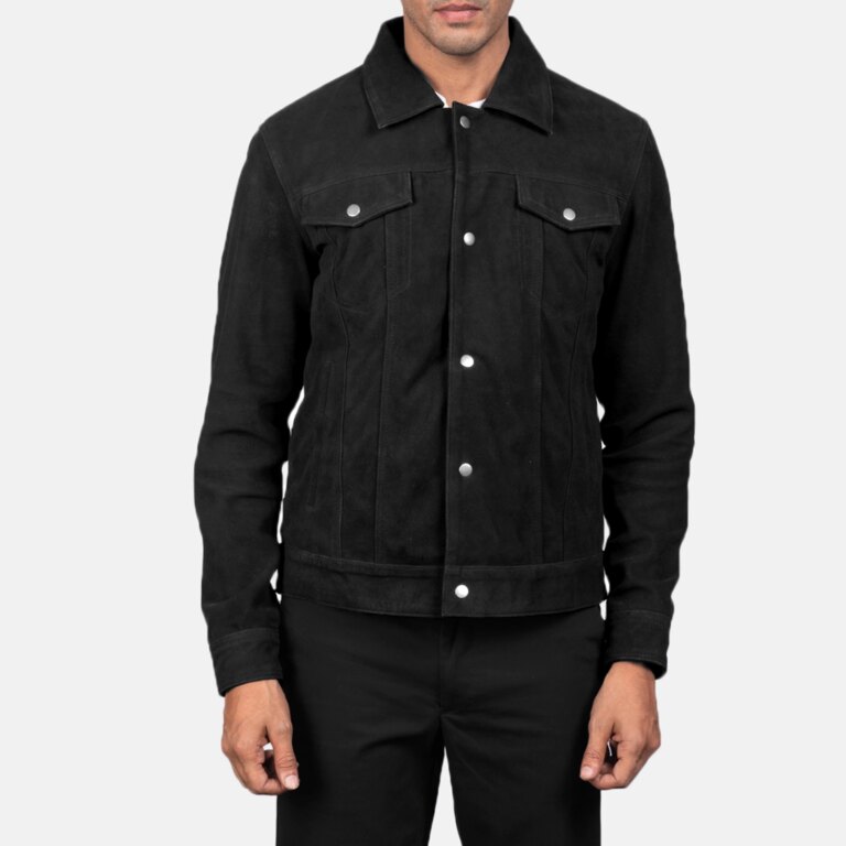 Mens Stallon Black Suede Trucker Jacket Close Front-5-1720093615587